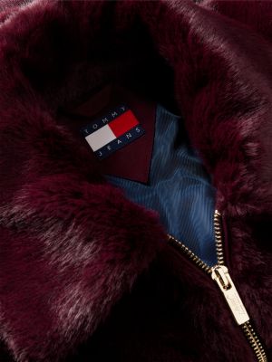 purple faux fur relaxed zip-thru jacket for women tommy jeans