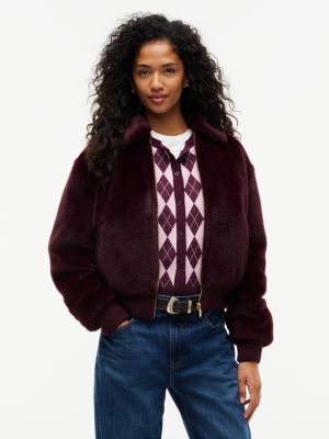 purple faux fur relaxed zip-thru jacket for women tommy jeans