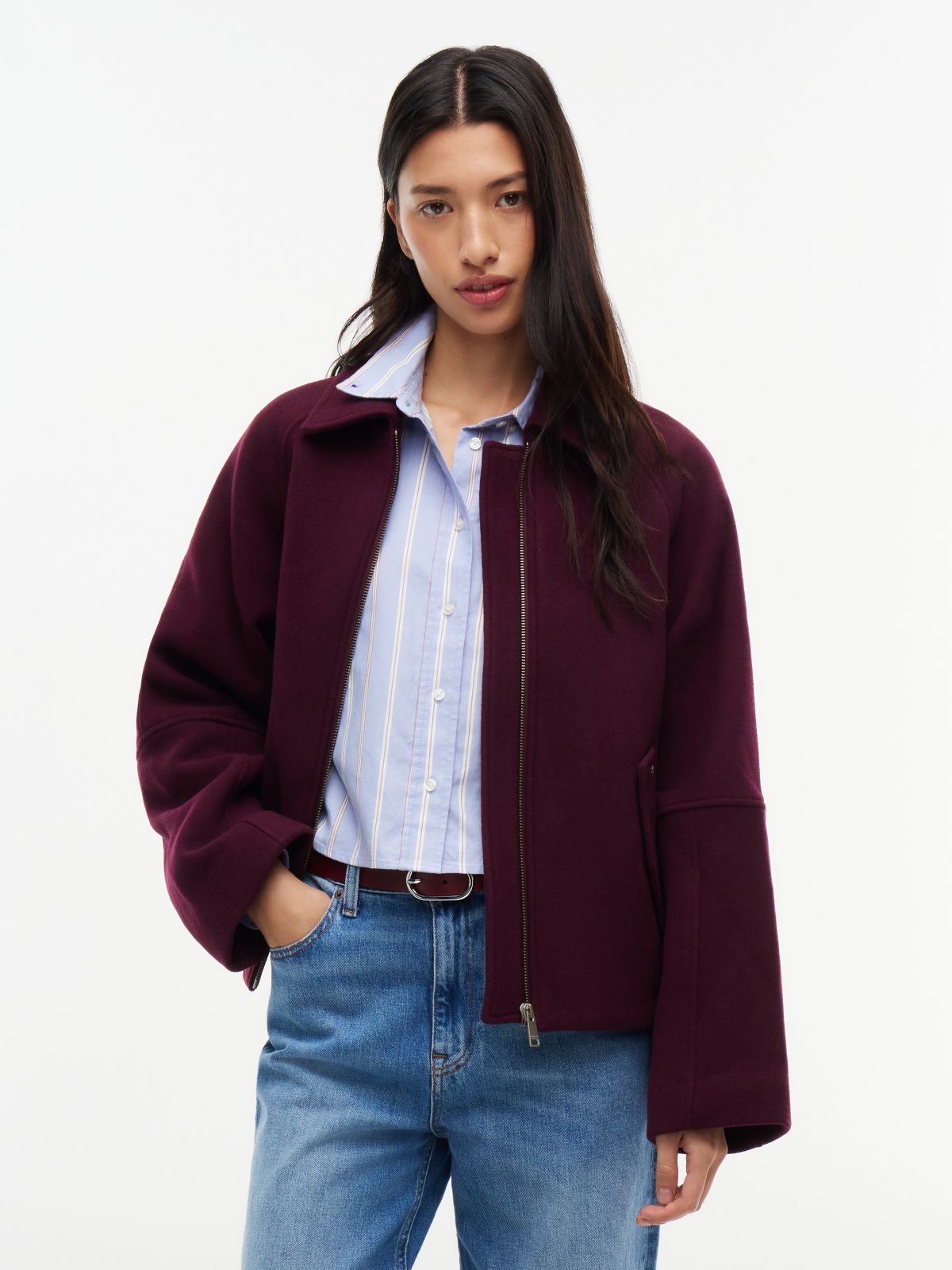 Wool Blend Belted Relaxed Jacket — Purple