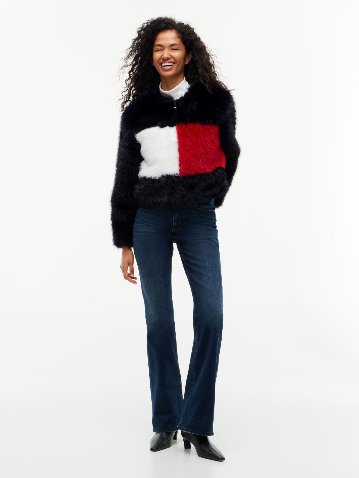 Tommy Flag Colour-Blocked Faux Fur Jacket — Blue