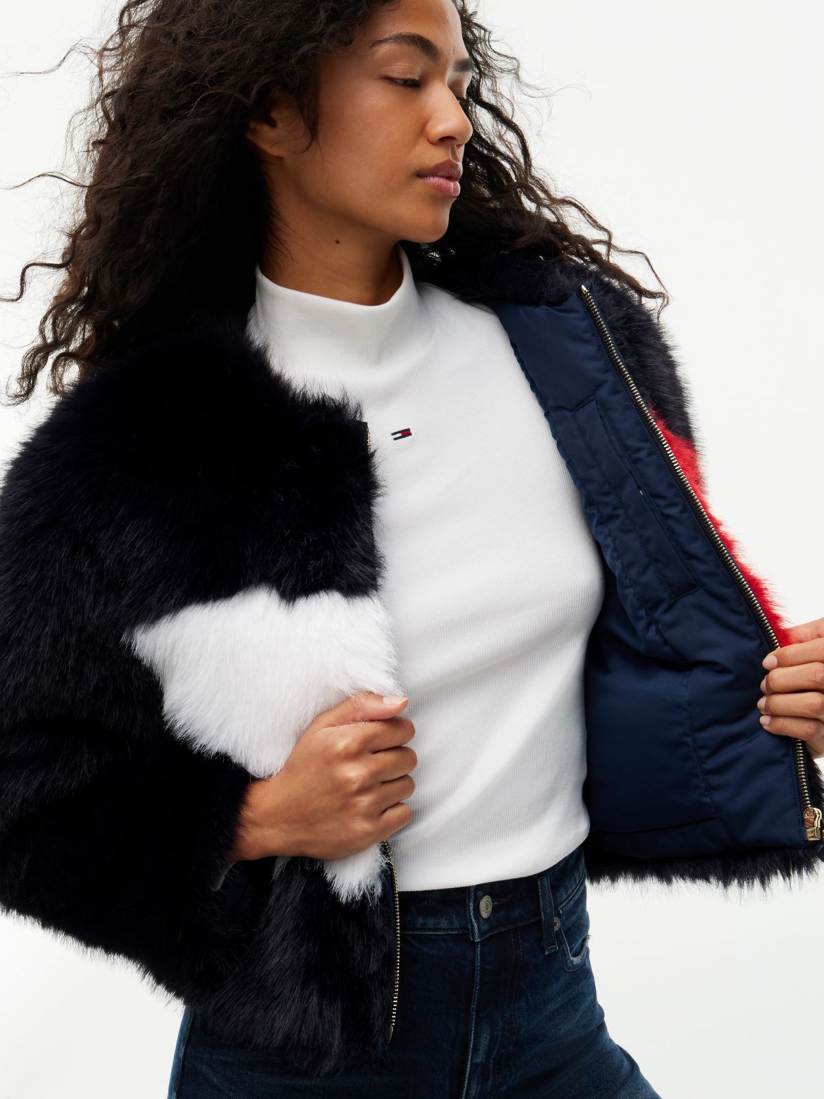 Tommy Flag Colour-Blocked Faux Fur Jacket — Blue