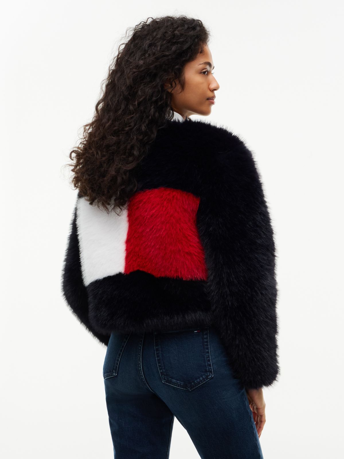 Tommy Flag Colour-Blocked Faux Fur Jacket — Blue