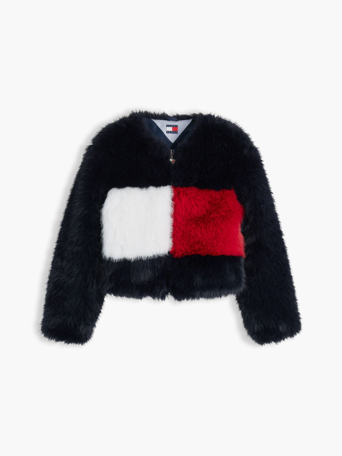 Tommy Flag Colour-Blocked Faux Fur Jacket — Blue