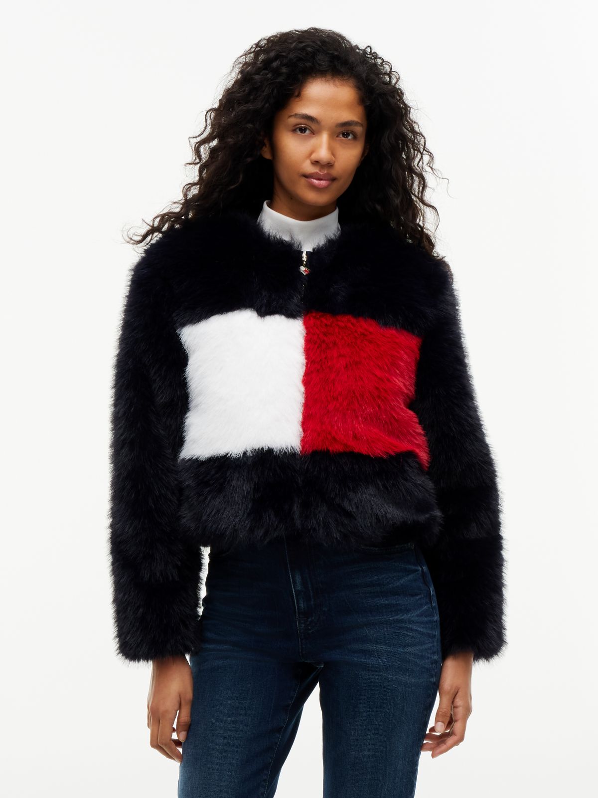 Tommy Flag Colour-Blocked Faux Fur Jacket — Blue