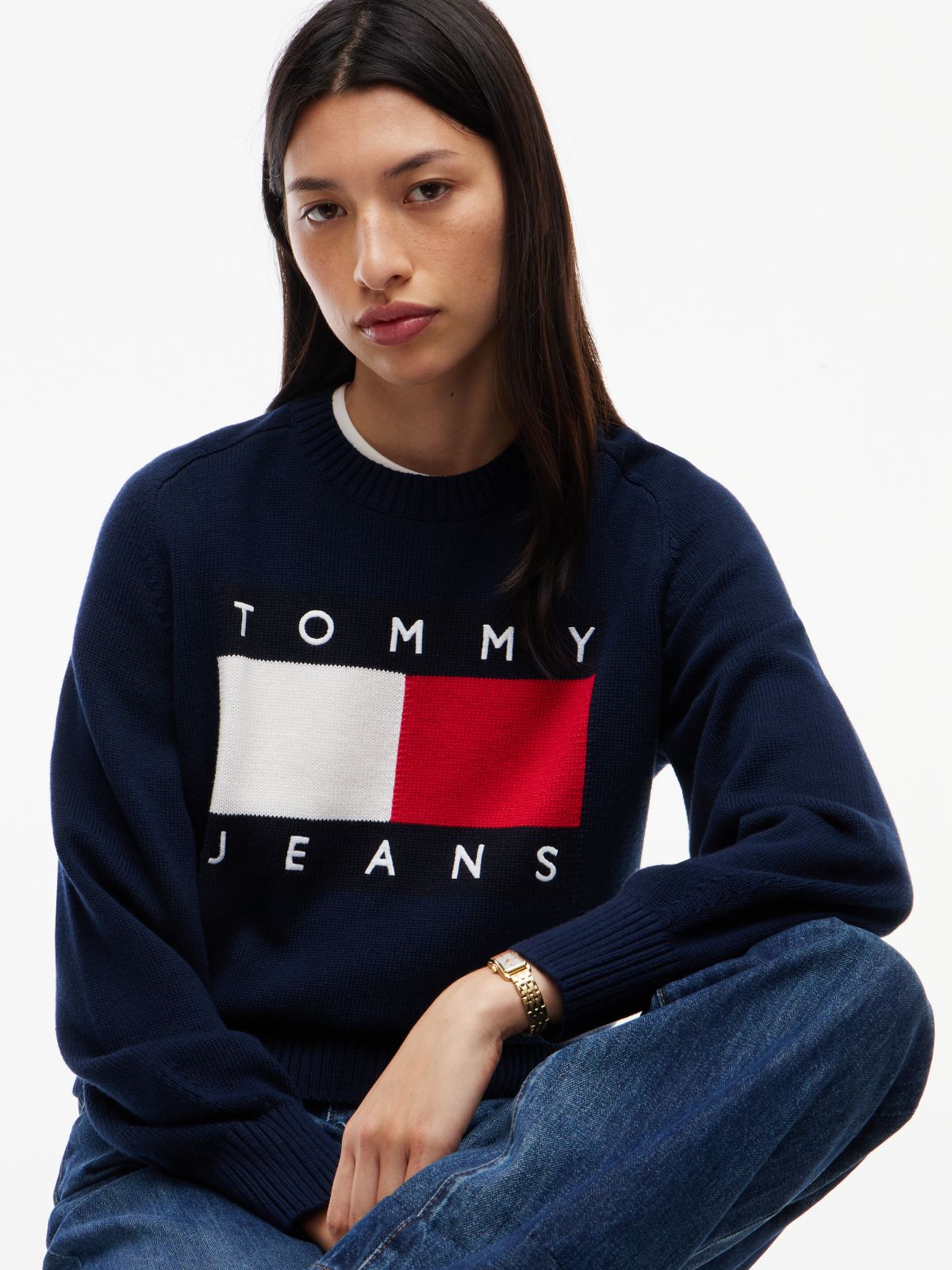 Tommy Flag Relaxed Crew Neck Jumper — Blue