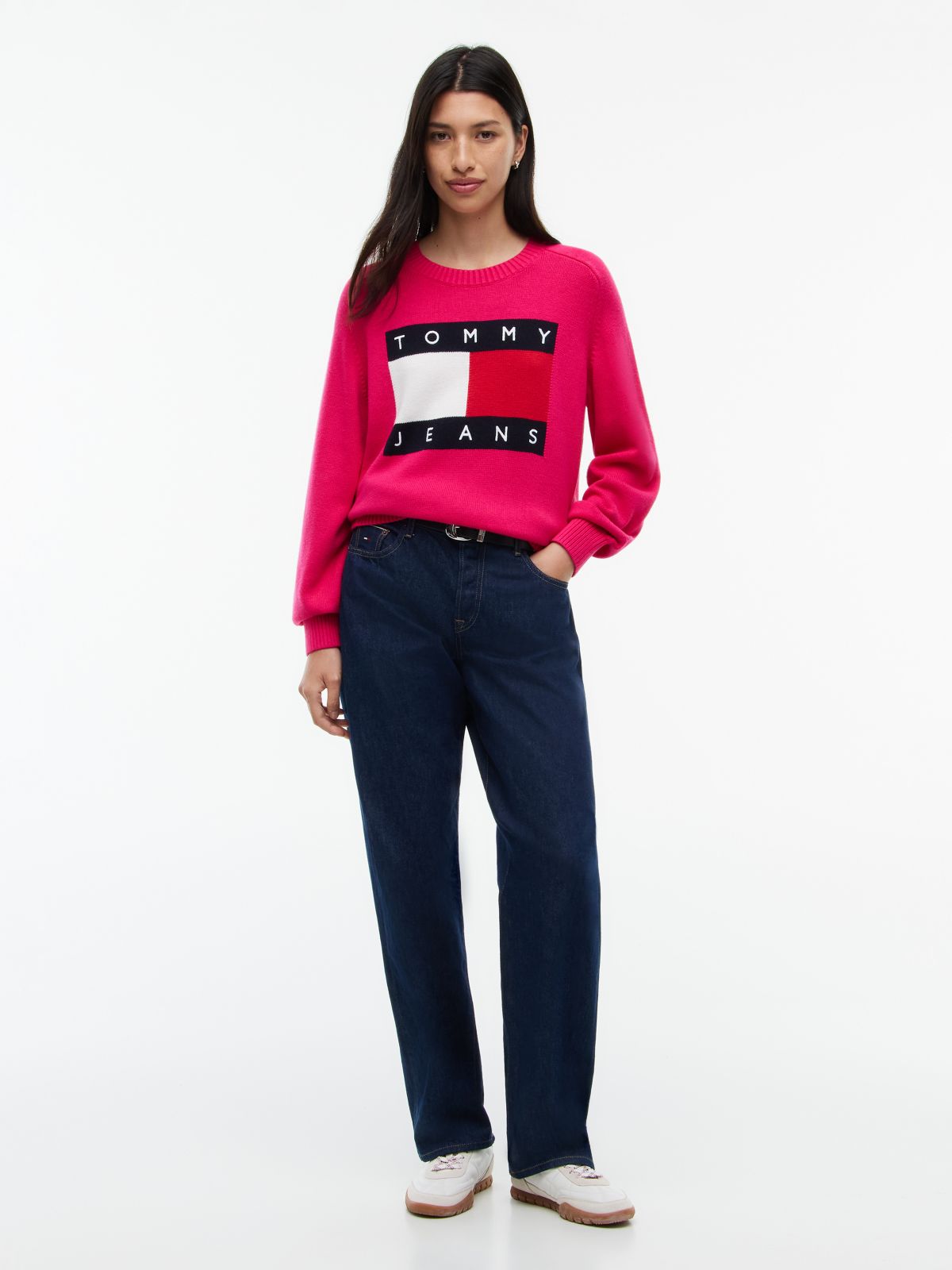 Tommy Flag Relaxed Crew Neck Jumper — Pink