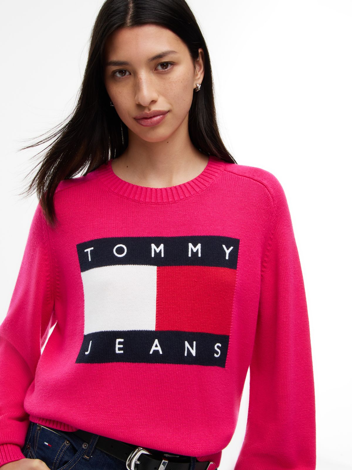 Tommy Flag Relaxed Crew Neck Jumper — Pink