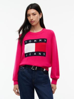 pink tommy flag relaxed crew neck jumper for women tommy jeans