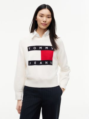 white tommy flag relaxed crew neck jumper for women tommy jeans
