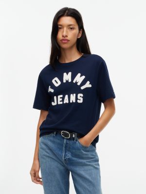 blue textured logo relaxed jersey t-shirt for women tommy jeans