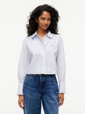 blue luźna koszula z popeliny z falbaną dla kobiety - tommy jeans