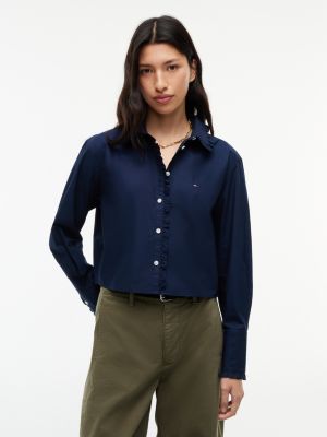 blue luźna koszula z popeliny z falbaną dla kobiety - tommy jeans