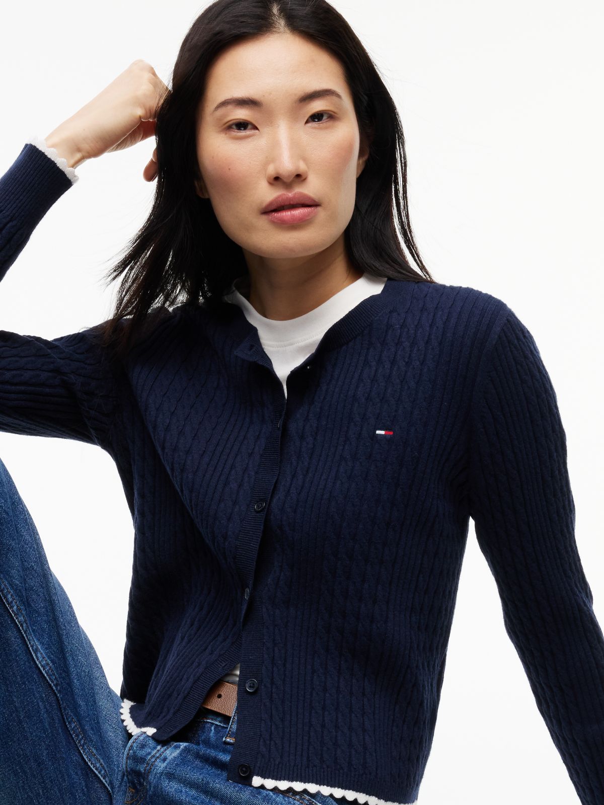 Cable Knit Scalloped Trim Slim Cardigan — Blue