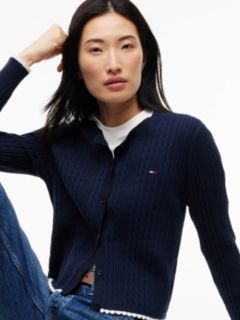 Cable Knit Scalloped Trim Slim Cardigan — Blue 3