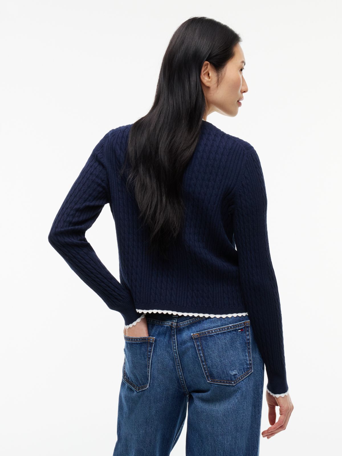 Cable Knit Scalloped Trim Slim Cardigan — Blue