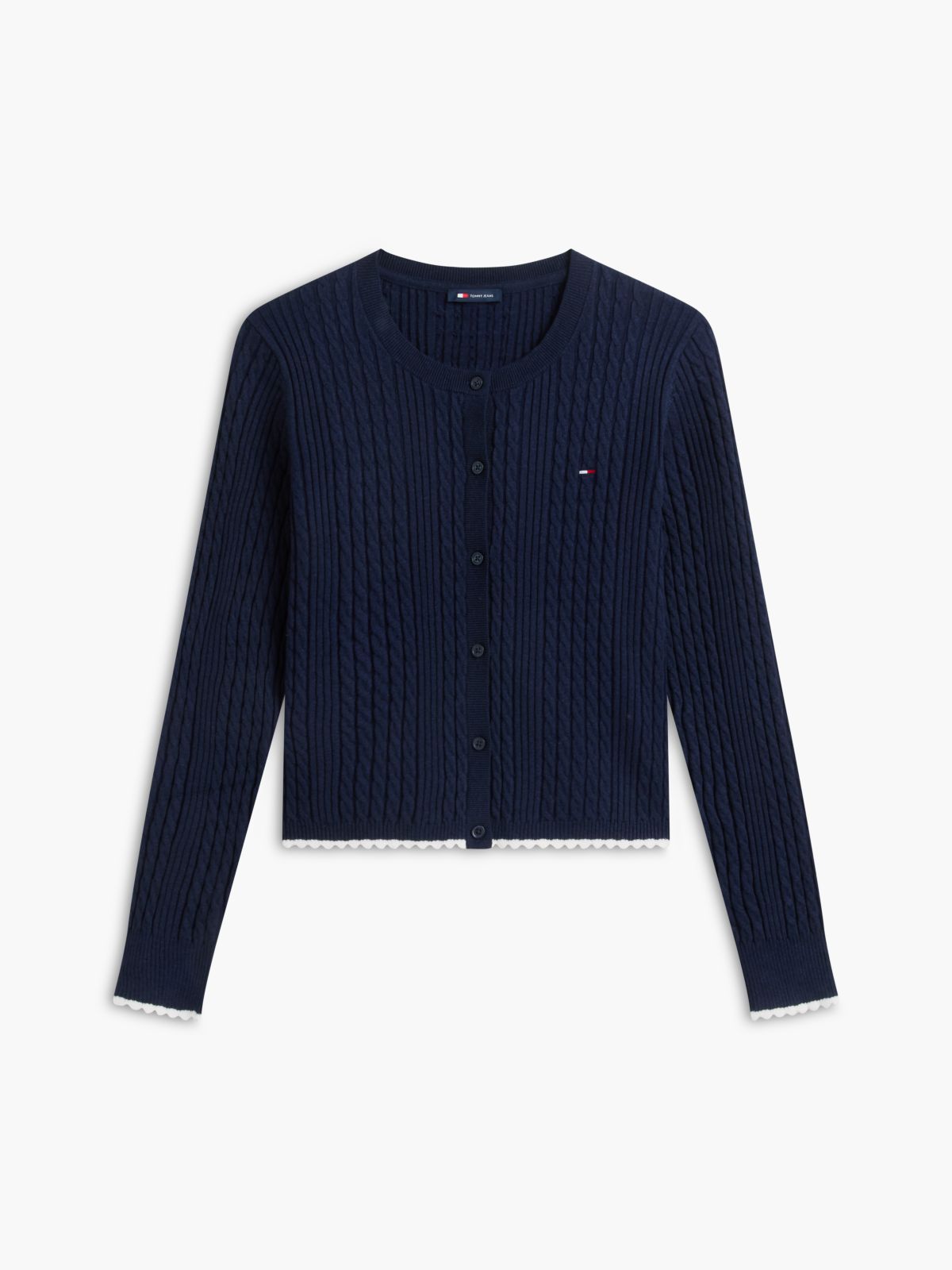 Cable Knit Scalloped Trim Slim Cardigan — Blue