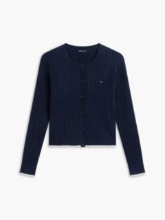 Cable Knit Scalloped Trim Slim Cardigan — Blue 5