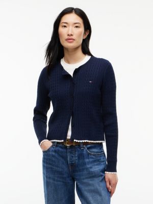 cardigan slim en maille torsadée festonné blue pour femmes tommy jeans