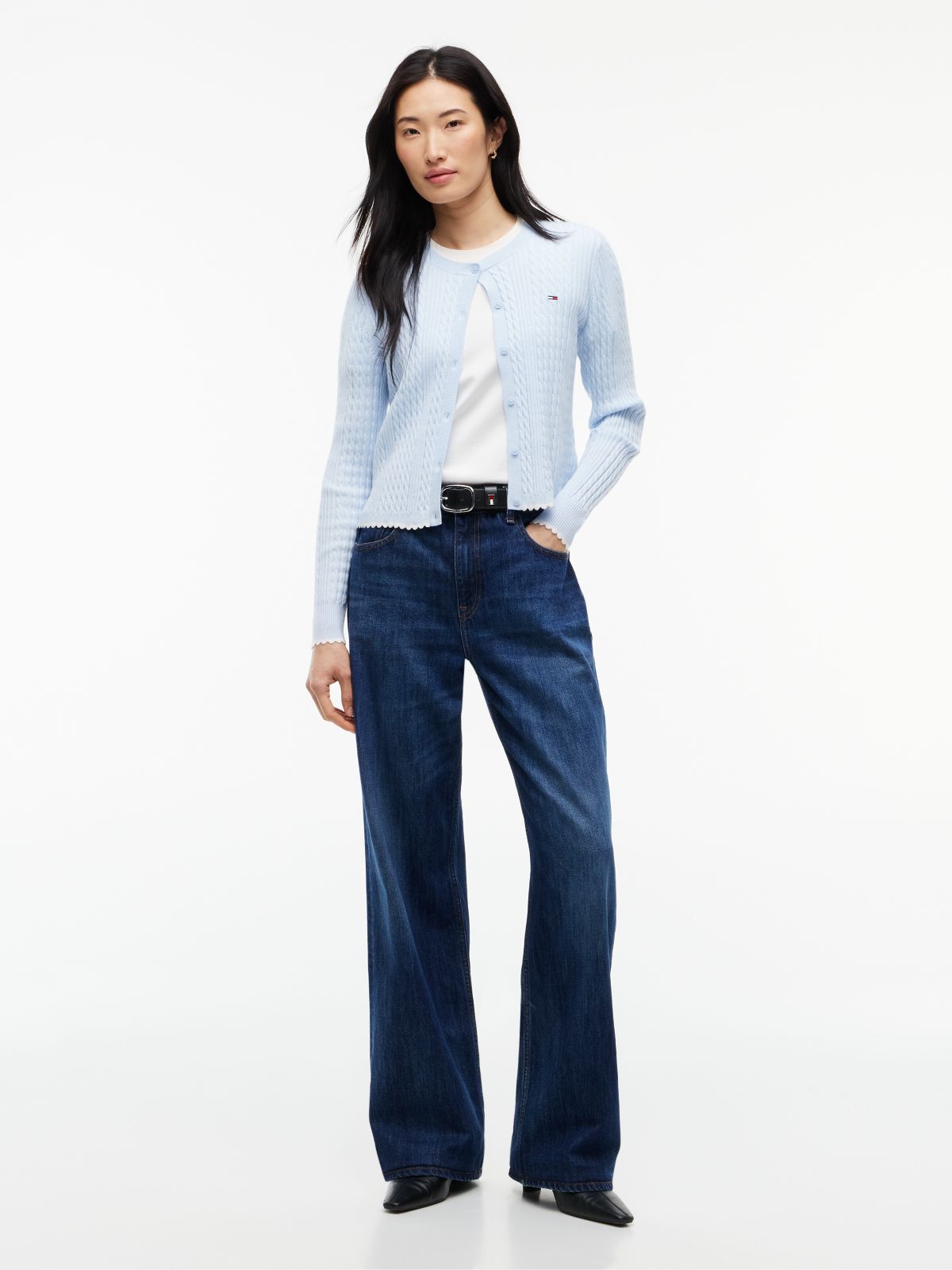 Cable Knit Scalloped Trim Slim Cardigan — Blue