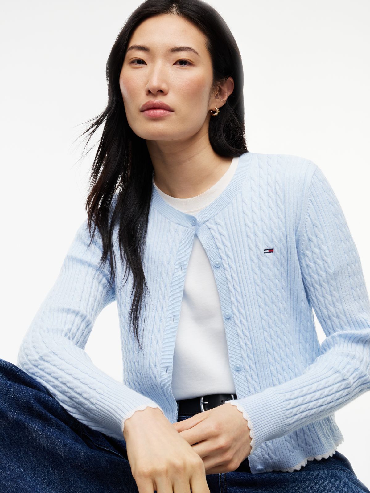 Cable Knit Scalloped Trim Slim Cardigan — Blue