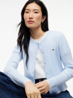 Cable Knit Scalloped Trim Slim Cardigan — Blue 3