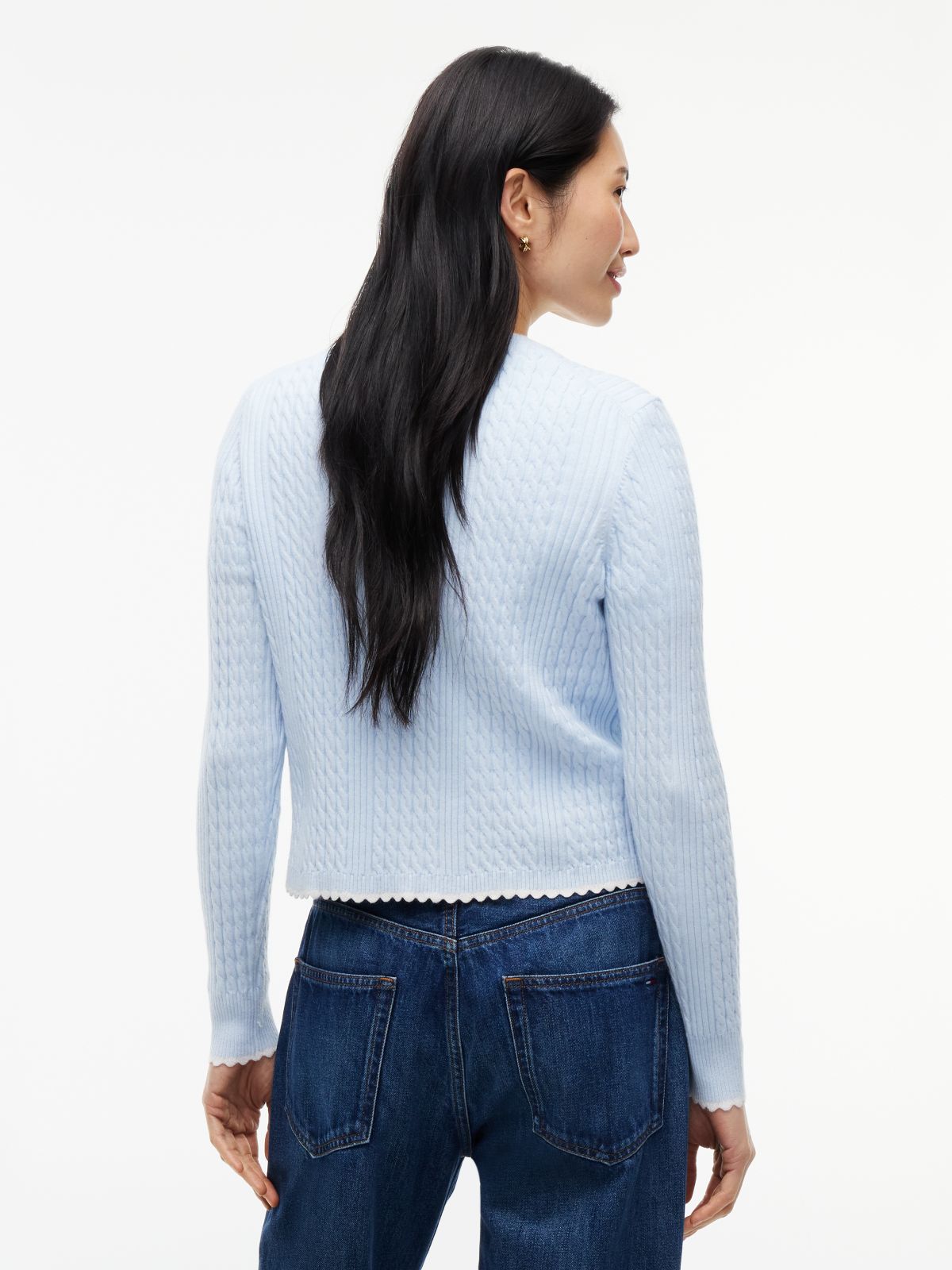Cable Knit Scalloped Trim Slim Cardigan — Blue