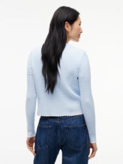 Cable Knit Scalloped Trim Slim Cardigan — Blue 4