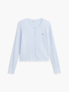 Cable Knit Scalloped Trim Slim Cardigan — Blue 5