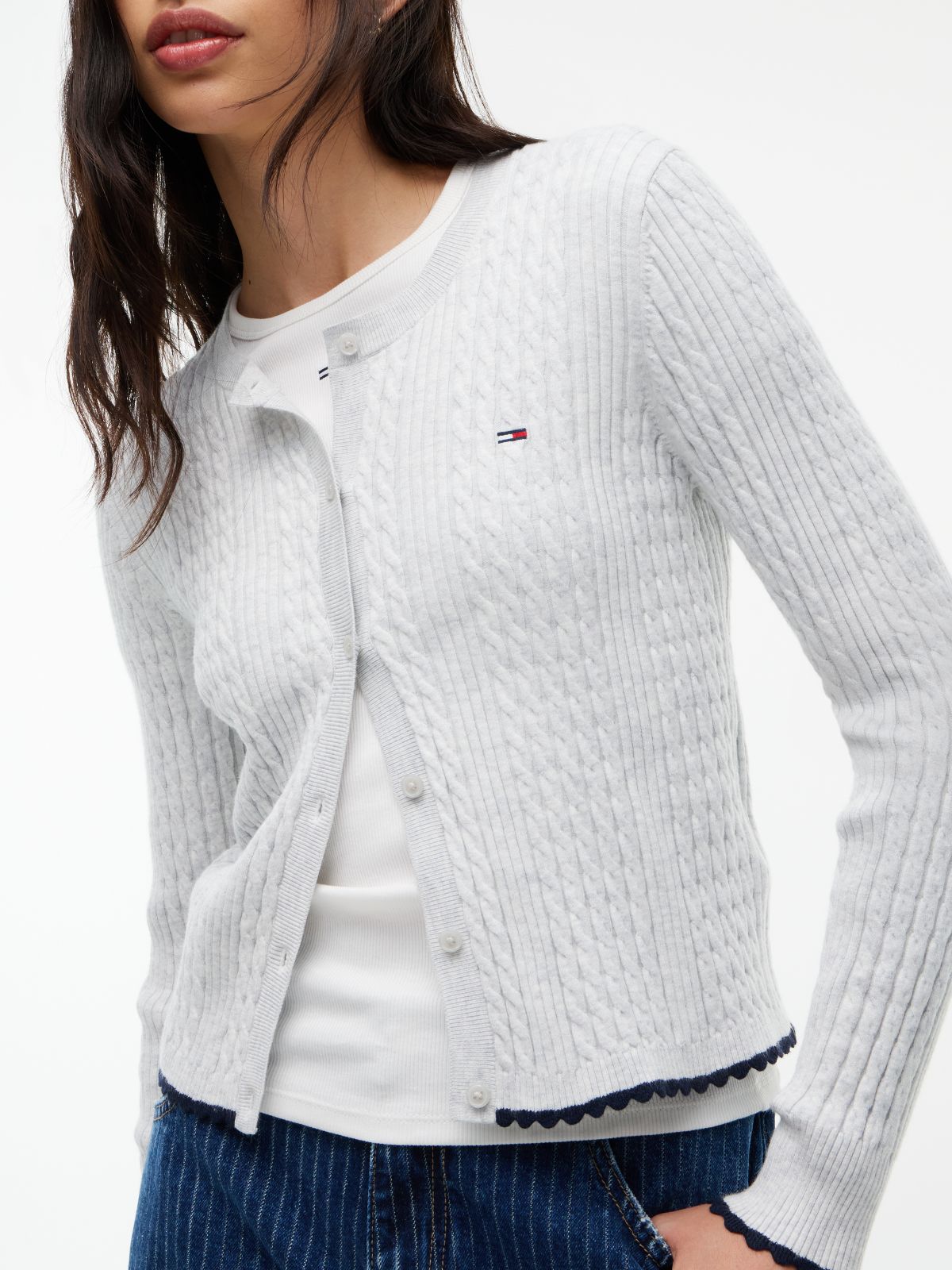 Cable Knit Scalloped Trim Slim Cardigan — Grey