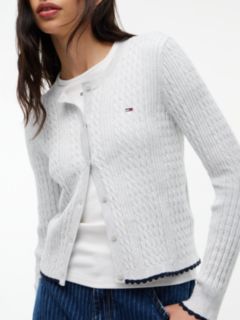 Cable Knit Scalloped Trim Slim Cardigan — Grey 3