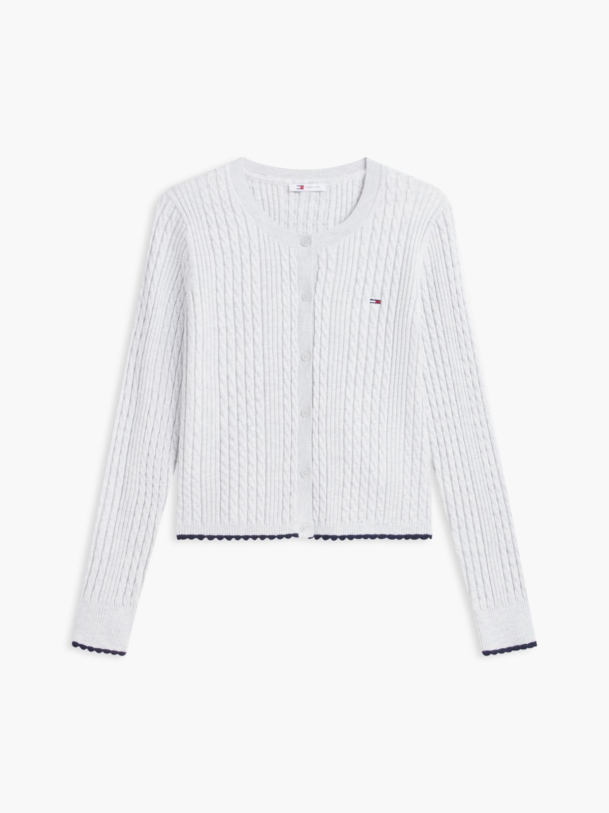 Cable Knit Scalloped Trim Slim Cardigan — Grey