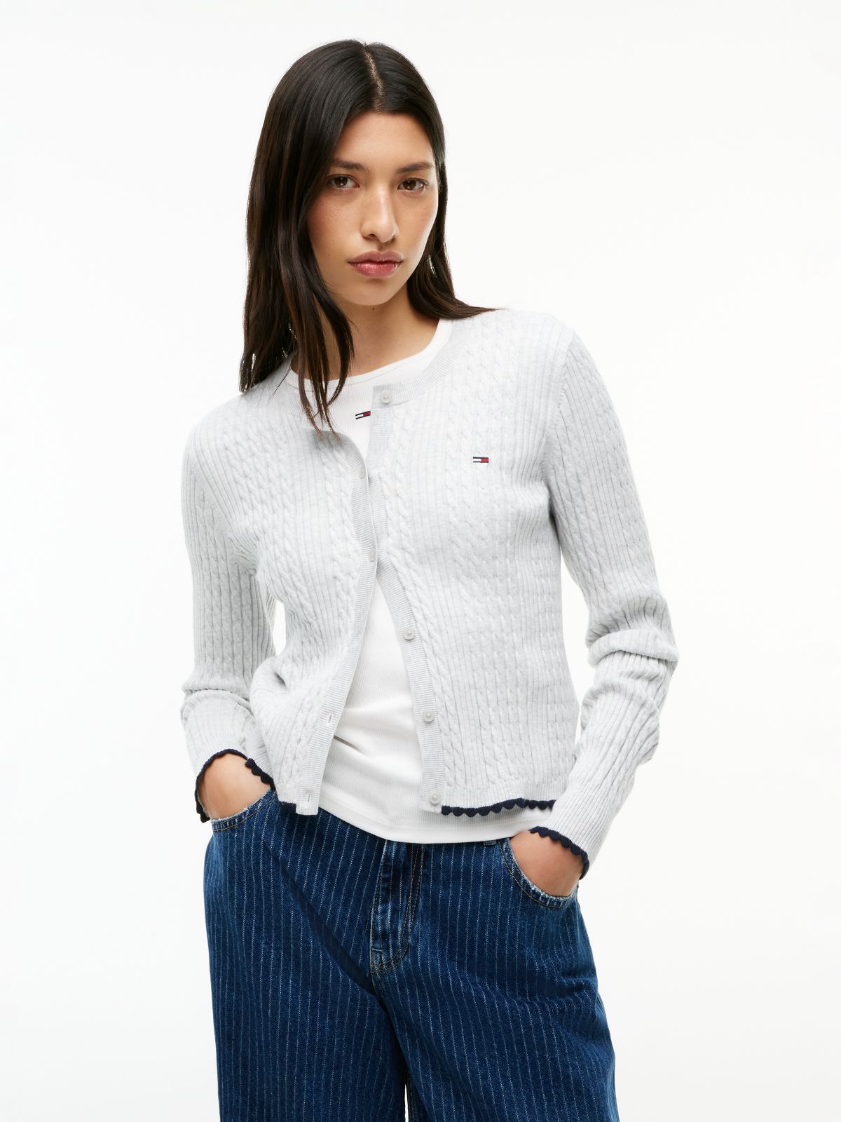 Cable Knit Scalloped Trim Slim Cardigan — Grey