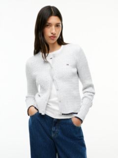 Cable Knit Scalloped Trim Slim Cardigan — Grey 1