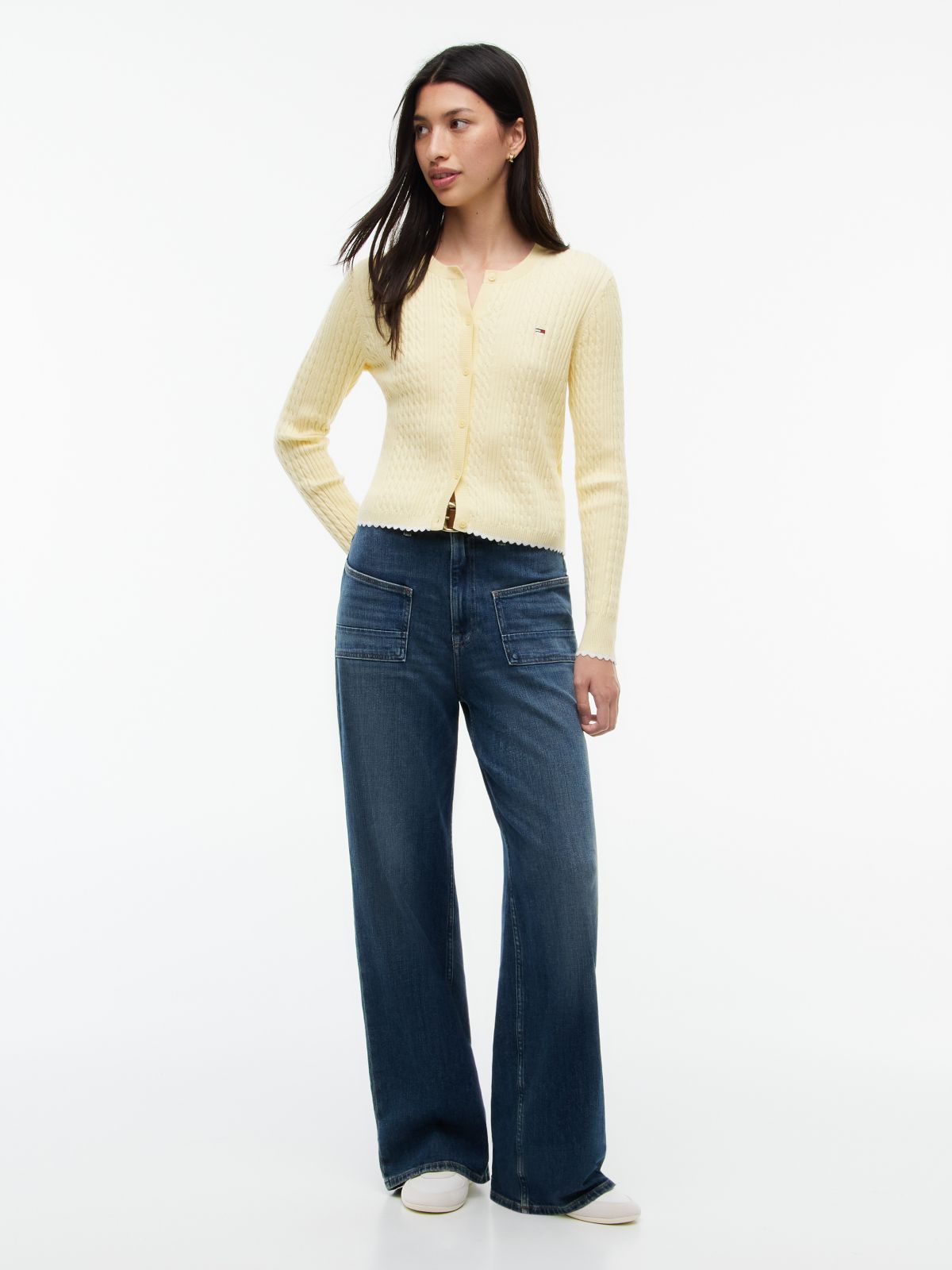 Cable Knit Scalloped Trim Slim Cardigan — Yellow