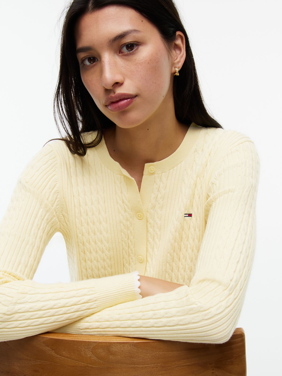 Cable Knit Scalloped Trim Slim Cardigan — Yellow