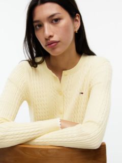 Cable Knit Scalloped Trim Slim Cardigan — Yellow 3