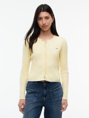 yellow cable knit scalloped trim slim cardigan for women tommy jeans