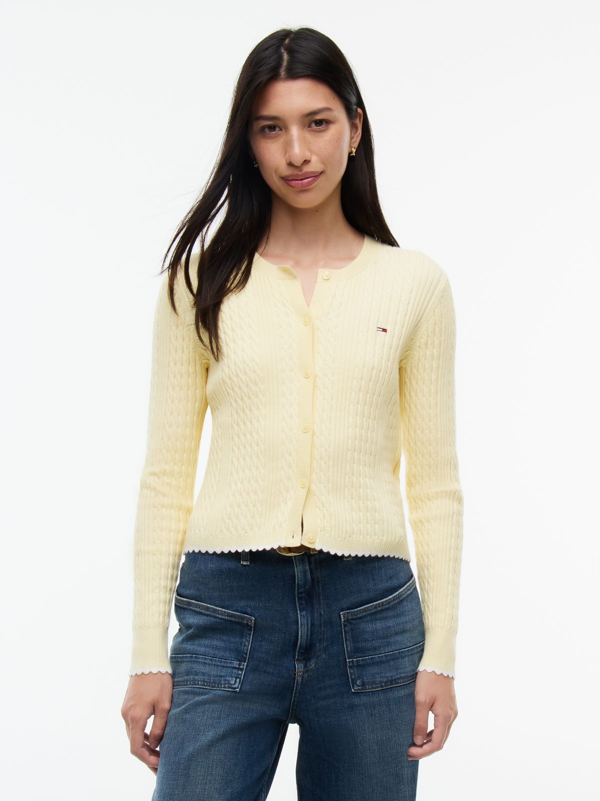 Cable Knit Scalloped Trim Slim Cardigan — Yellow