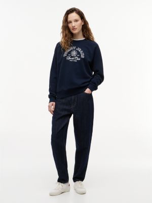 blue ultra high rise tapered mom jeans with linen for women tommy jeans