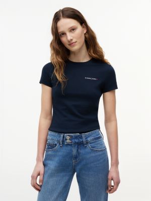 t-shirt slim en jersey à logo blue pour femmes tommy jeans