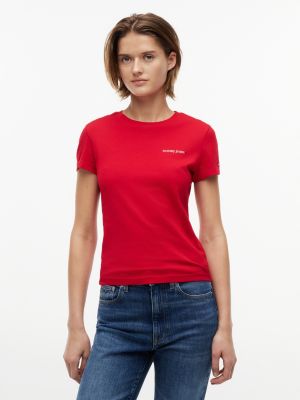 red slim fit jersey t-shirt met logo voor dames - tommy jeans