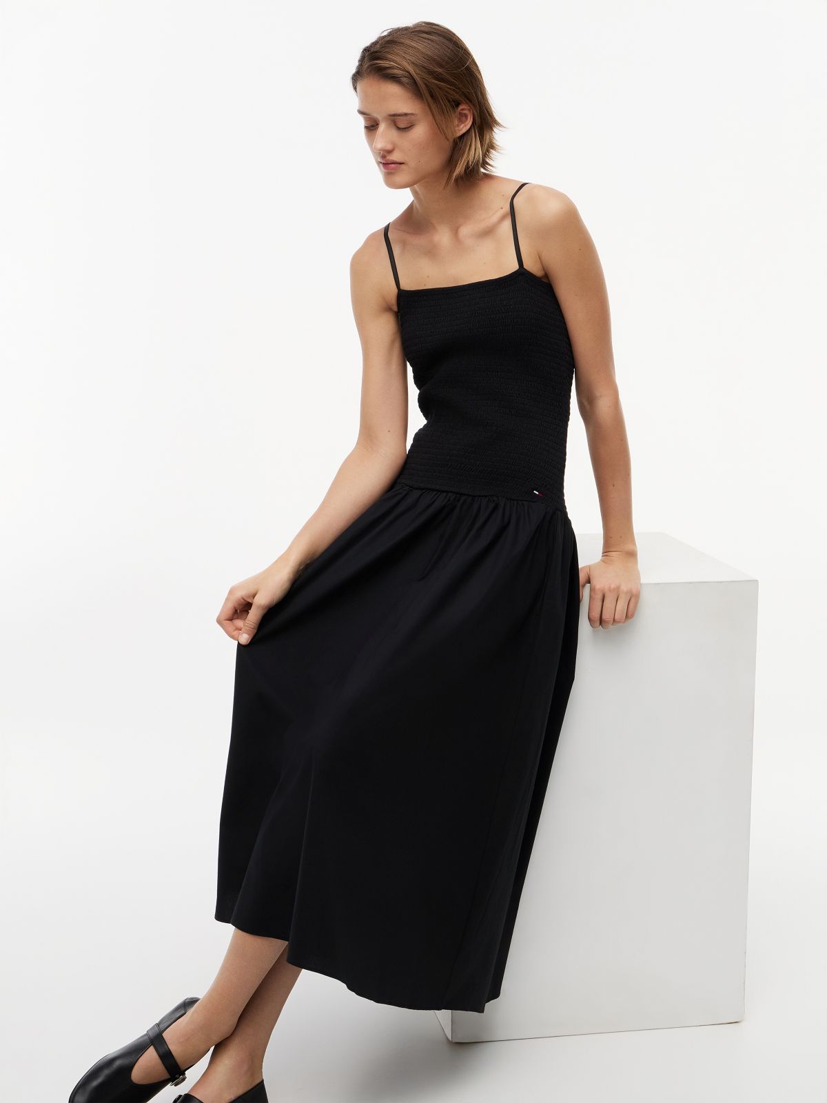 Smock Strap Maxi Fit And Flare Dress — Black