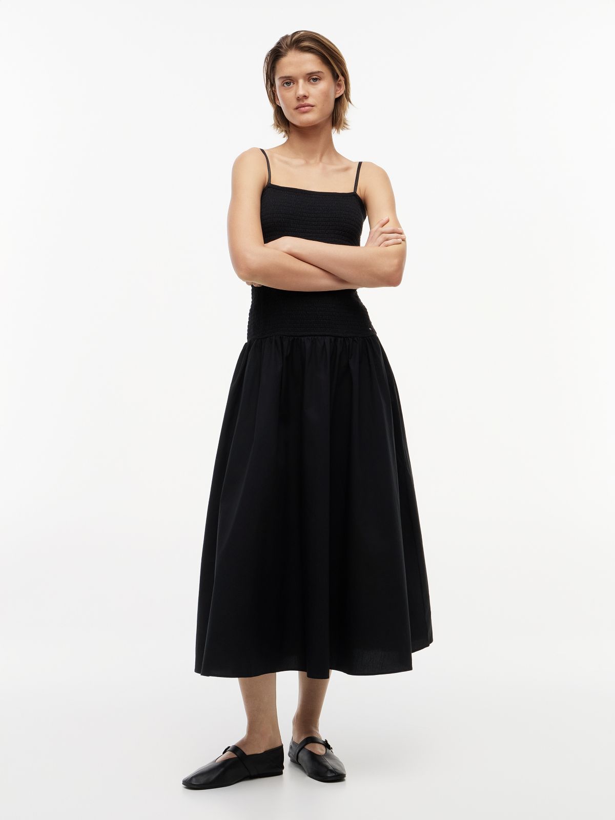 Smock Strap Maxi Fit And Flare Dress — Black