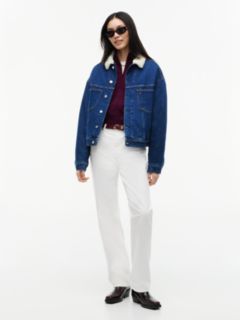 Teddy Collar Slim Denim Trucker Jacket — Blue 2