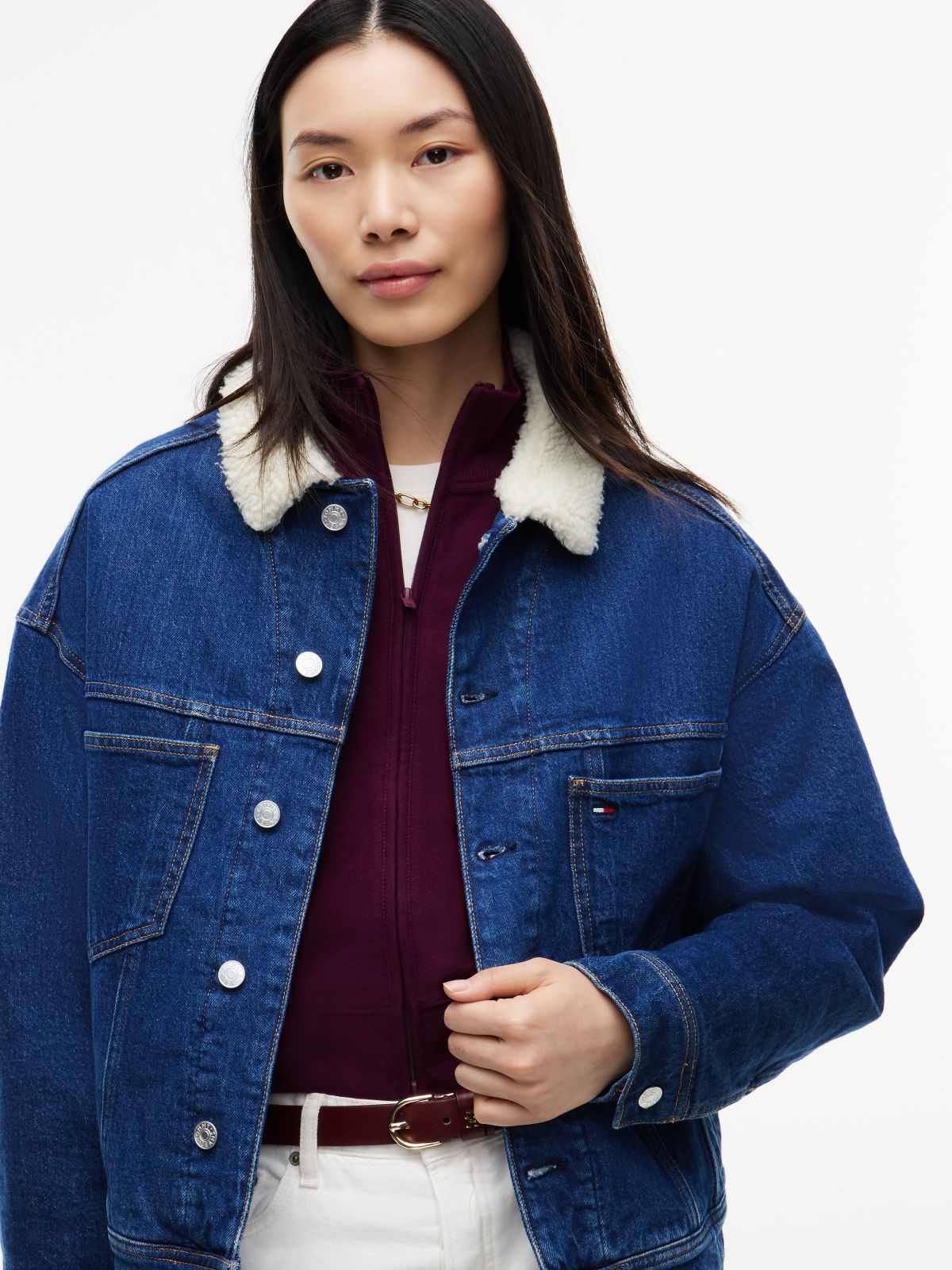 Teddy Collar Slim Denim Trucker Jacket — Blue