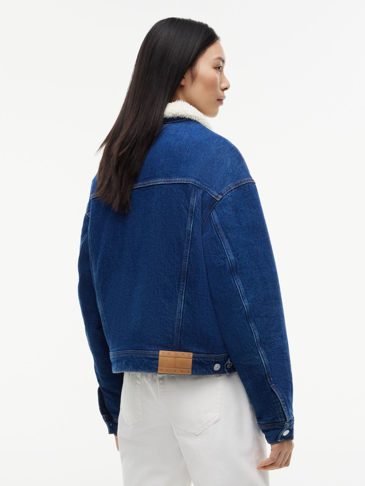 Teddy Collar Slim Denim Trucker Jacket — Blue