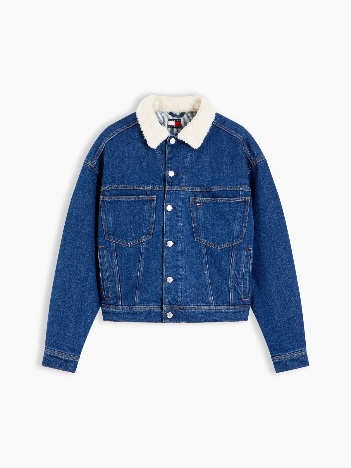 Teddy Collar Slim Denim Trucker Jacket — Blue