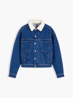 Teddy Collar Slim Denim Trucker Jacket — Blue 5