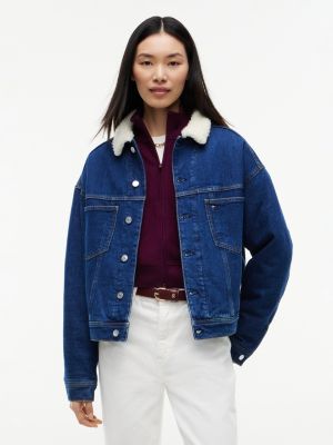 blue teddy collar slim denim trucker jacket for women tommy jeans