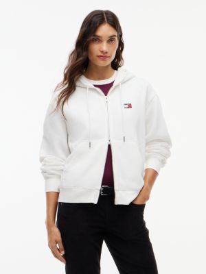 white boxy hoodie met ritssluiting en tommy-badge voor dames - tommy jeans